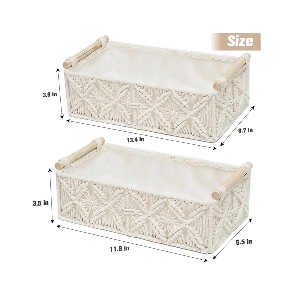 Hand Woven Large Storage Bins Basket Set White With Handles Set of 2 Home Decor